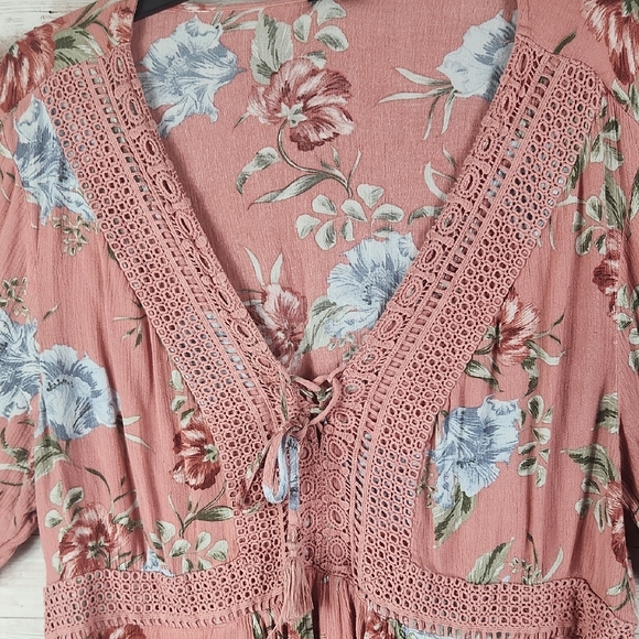 Torrid Pink BOHO Top, Embellished 3/4 Sleeve Blouse, With Tassel. - Picture 3 of 7